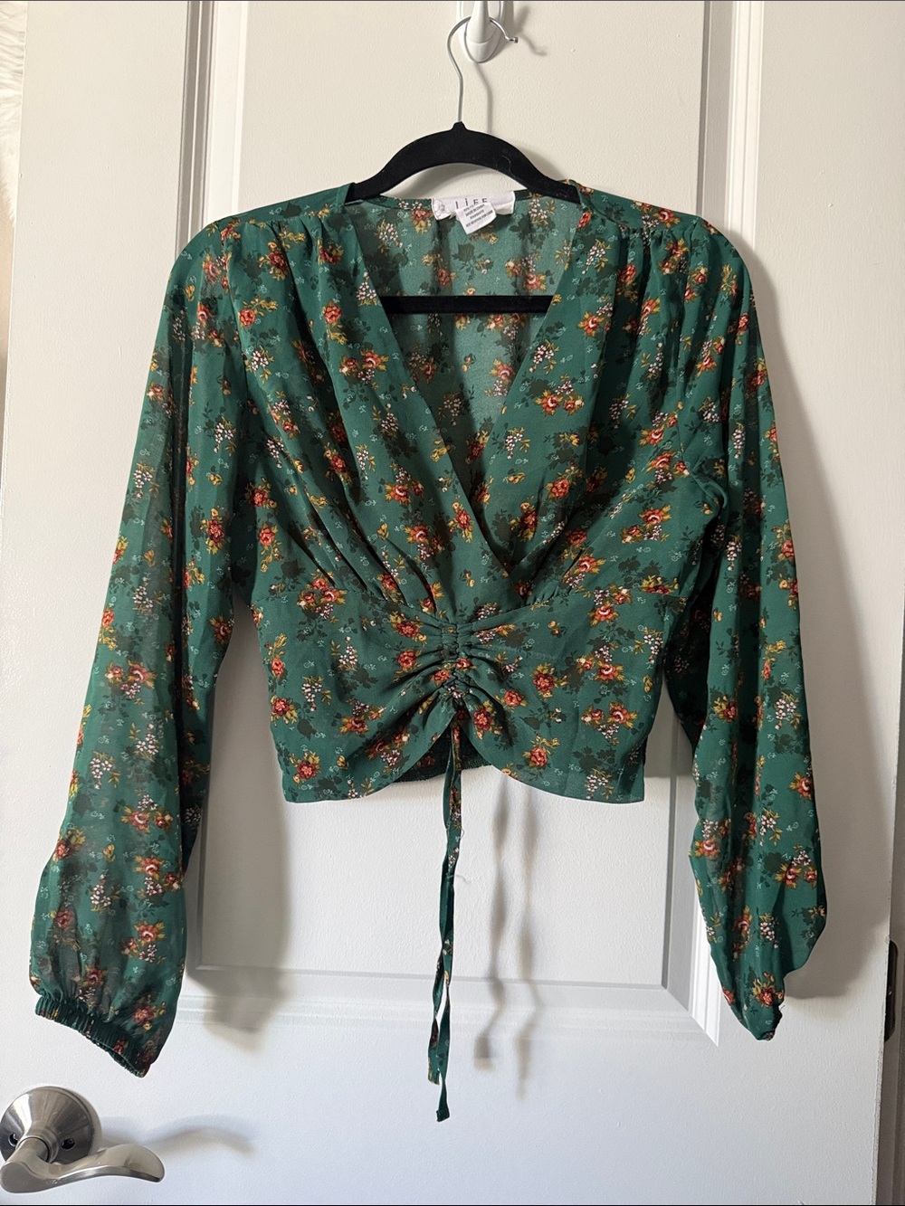 Green Floral Ruched Tie-Front Blouse with Long Sleeves
